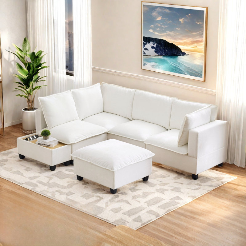 U-shaped Sectional Sofa Couch With A Movable Ottoman And A Coffee Table With Hidden Charging Devices, White Chenille