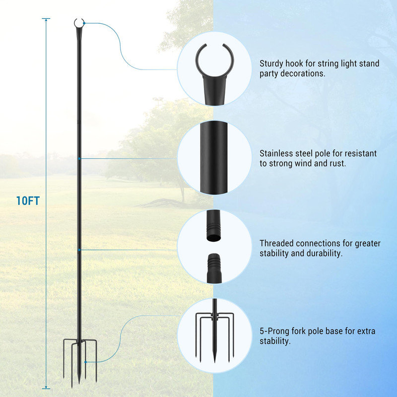 Poteaux en métal pour guirlandes lumineuses d'extérieur, paquet de 4 poteaux de 10 pi pour guirlandes lumineuses d'extérieur, grands poteaux d'éclairage suspendus pour la cour