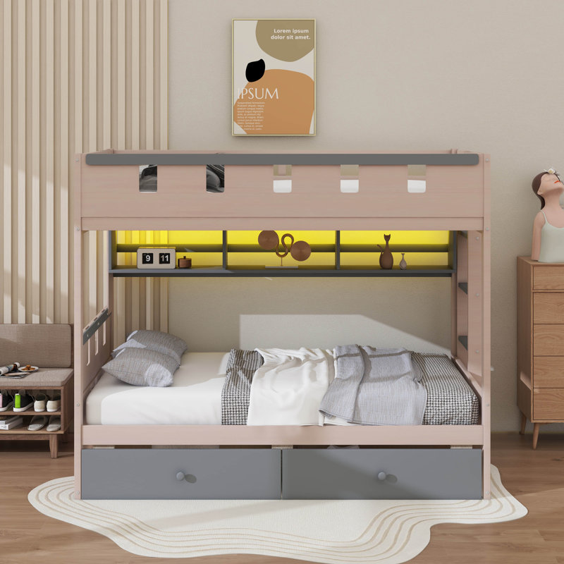 Lit superposé de style château avec 2 tiroirs, tablette, lit superposé en bois avec lumières DEL, Lit simple, Rose / Gris