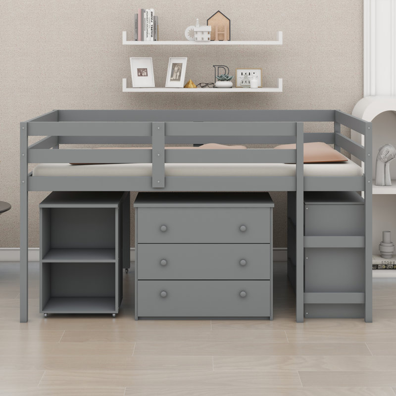 Lit mezzanine Study avec armoire intégrée et bureau mobile à roulettes, Gris