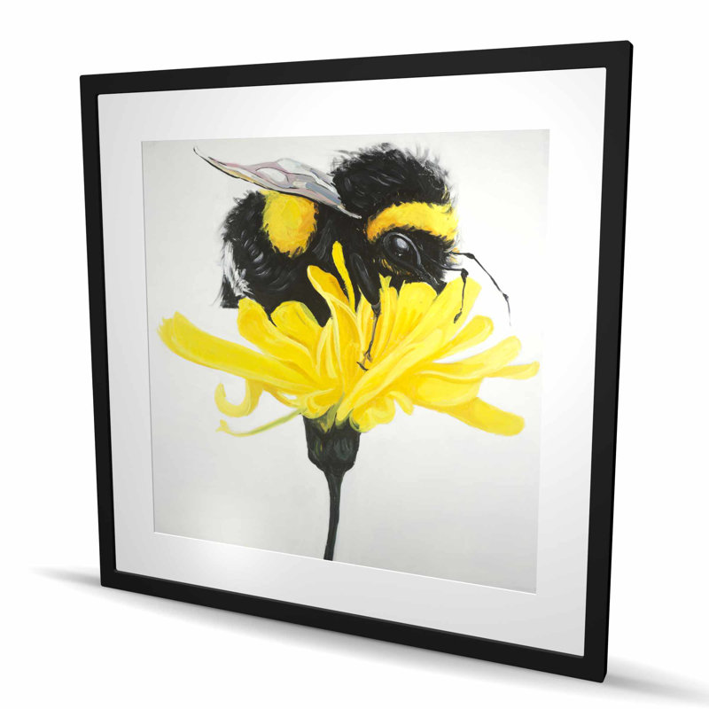 Bumblebee on a Dandelion - Yellow Framed Matted Print Decor