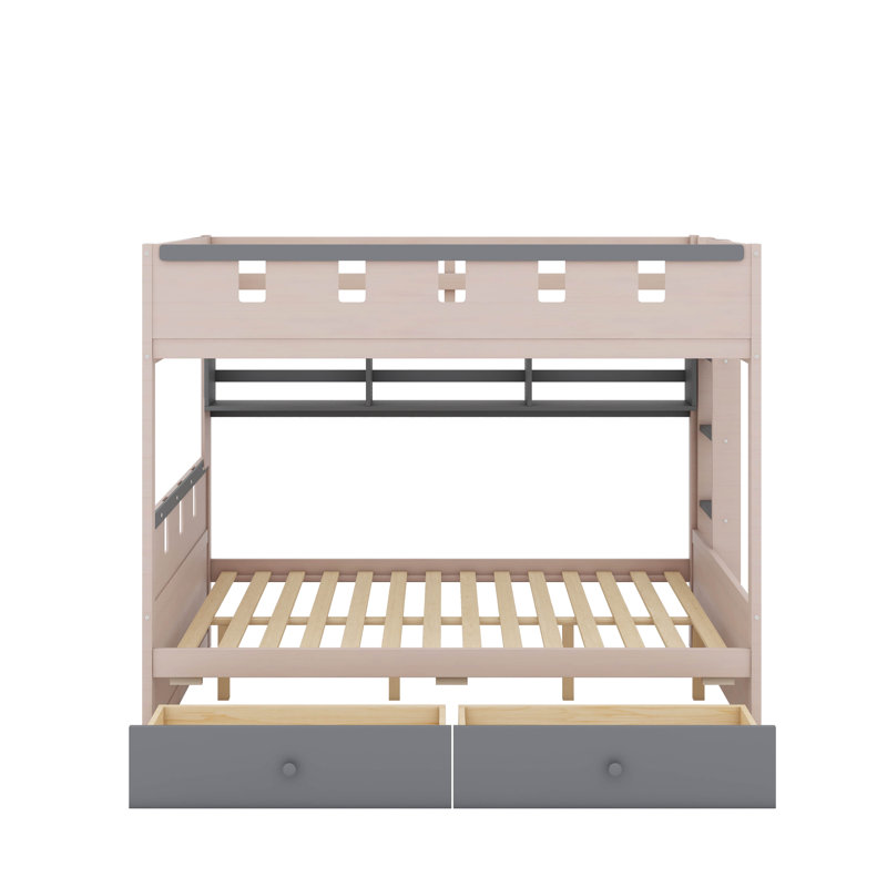 Lit superposé de style château avec 2 tiroirs, tablette, lit superposé en bois avec lumières DEL, Lit double, Rose / Gris