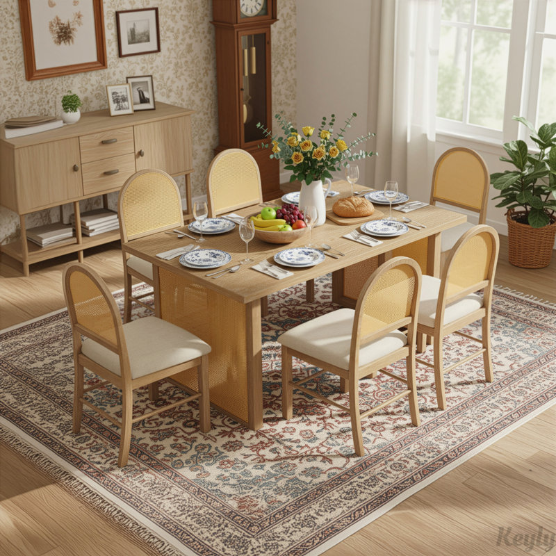 Ensemble de table de salle à manger 7 pièces avec placage en chêne patiné et chaises en rotin pour des réunions de famille confortables