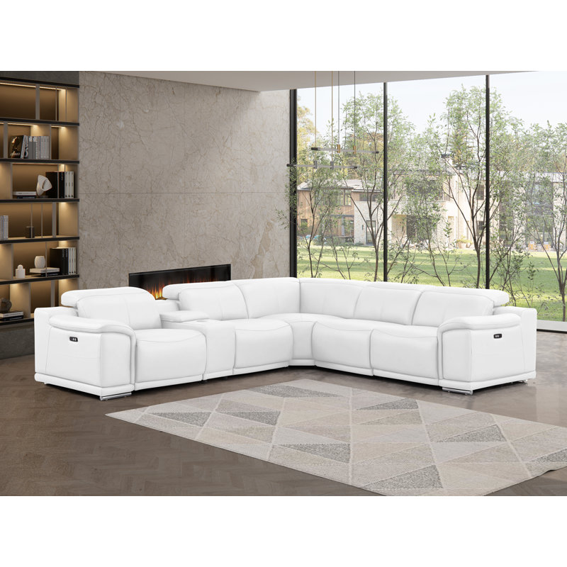 6-Piece L-Shaped Power Reclining Sectional In Genuine Leather – 3 Recliners, White Top Grain Leather