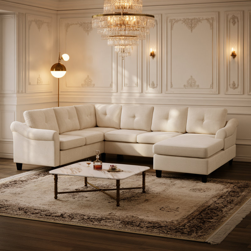 Canapé modulaire en chenille 106,3 po en U avec accoudoirs évasés et dossier capitonné, Beige