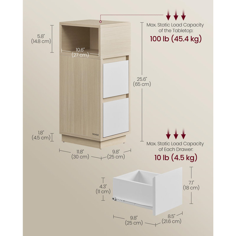25cm W Manufactured Wood Bedside Table, Natural/White