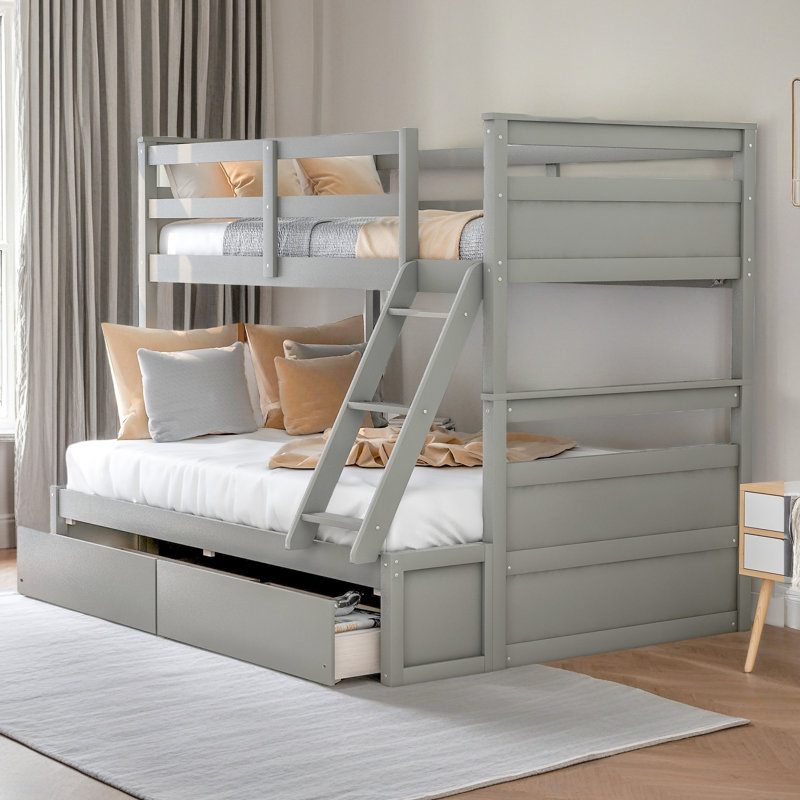 Lit simple superposé au dessus d'un lit double avec rangement, Gris