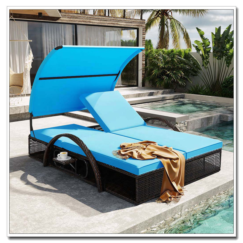 Chaise longue d'extérieur en acier avec dossier réglable, lit double de patio avec table d'appoint cachée et accoudoirs arqués