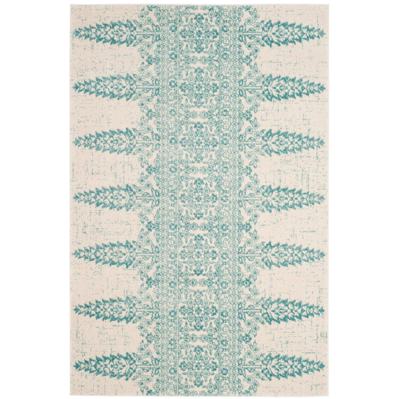 Annette Damask Ivory/Teal Area Rug, Rectangle 4' x 6'