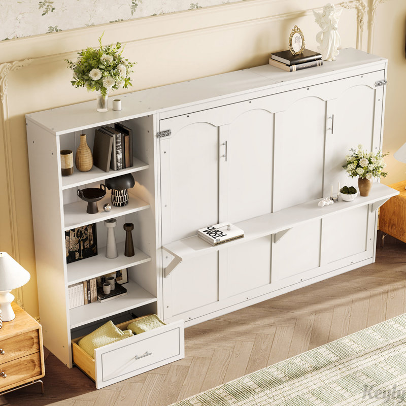 Lit escamotable avec compartiments de rangement et tablette réglables en hauteur, Blanc