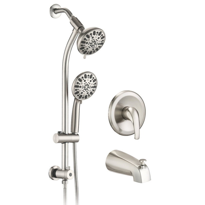 Système de pomme de douche double à 7 réglages avec barre coulissante en acier inoxydable, nickel brossé, bec de baignoire en métal et ensemble de perceuse 5 pouces, 7 réglages,