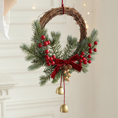 Christmas Decorations Rattan Wreath Bells Bow Red Fruit Branch Door Hanging Christmas Window Decoration Pendant