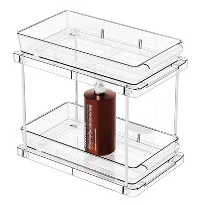 2 Pack Bathroom Cabinet Organizer With Track, Clear Acrylic Under Sink Storage, 2 Tier Pull Out Drawer For Vanity And Countertop