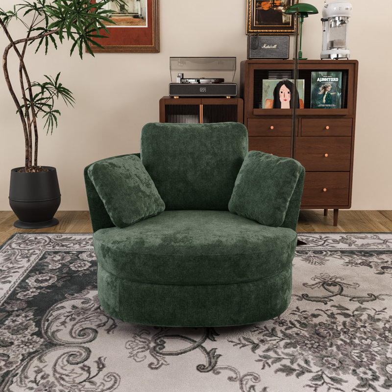 Chemaia Upholstered Swivel Barrel Chair, Green Chenille