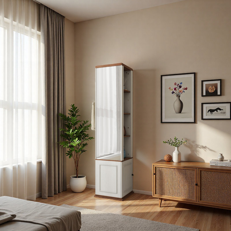Armoire de rangement rotative à 360 ° avec miroir pleine longueur, 8 tablettes ouvertes des deux côtés, 1 crochet latéral, 1 porte avec tablette, pour le salon, le vestibule, la salle de bain