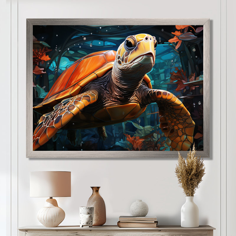Turtle Journey Floral Geometric - Tortue, art mural sur toile, H 34 po x l 44 po x P 1,5 po, Cadre simple argenté
