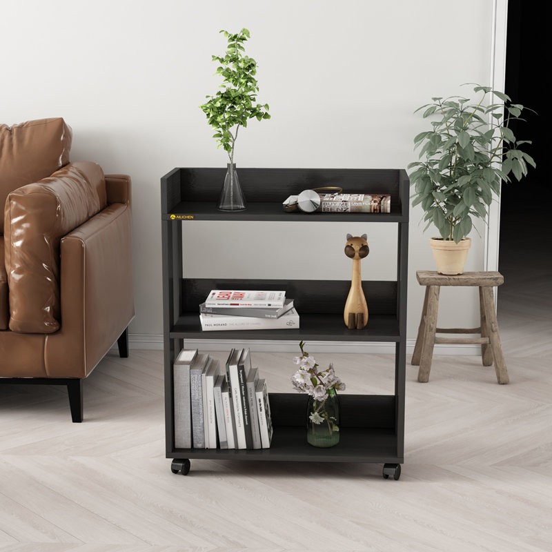 Small Bookshelf and Bookcase, 3 Tier Wood Nightstand with Wheels,Black