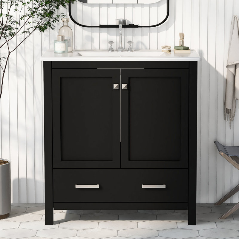Nebo Single Bathroom Vanity with Ceramic Top, Silver, Black, 30"