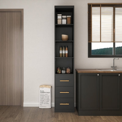 Armoire de rangement de 85 po de hauteur avec tiroir et tablettes, armoire étroite pour salle de bain, buanderie et salon, noir