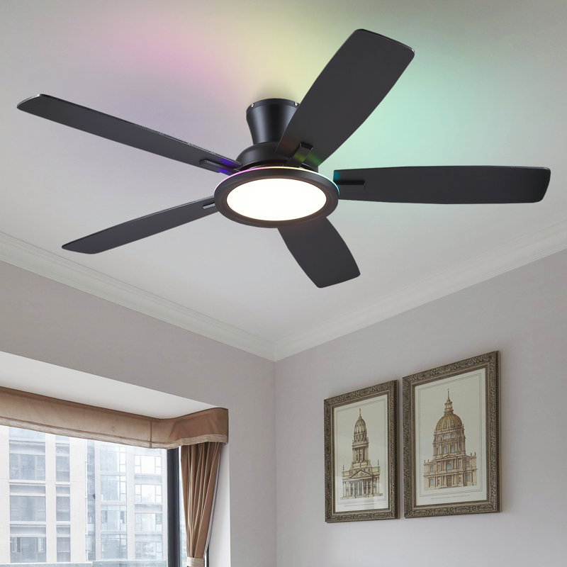 52" Flush Mount Ceiling Fan With Lights And Remote Control, Reversible And 5 Dual-sided Blades, Black-RGB