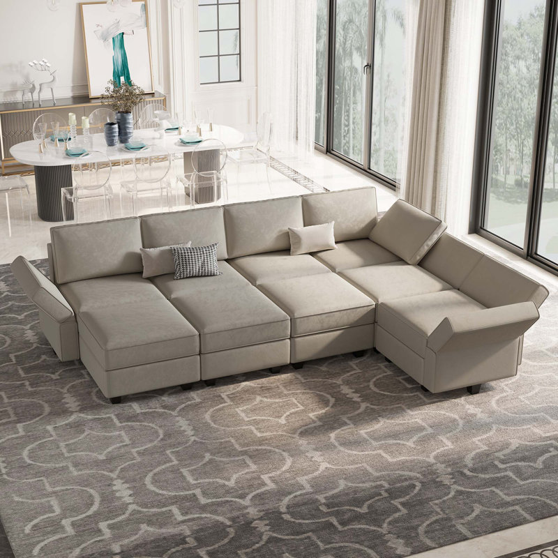 Teangela 116.6'' Variable Sectional U Shape Couch Module Velvet Sofa Bed with Storage Seat Ottoman, Gray Velvet