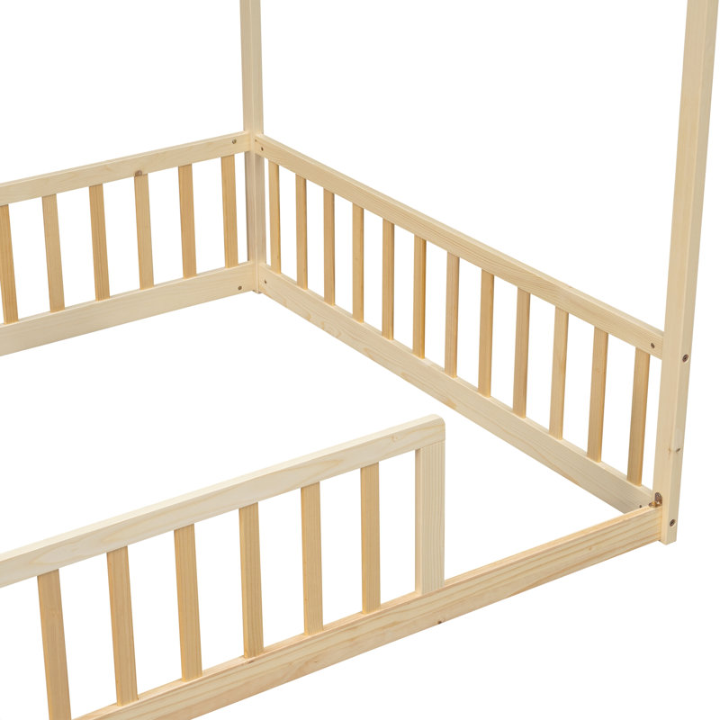 Lit de maison avec structure de toit, lit en bois de pin avec garde-corps, Full, Brun