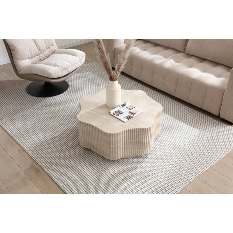 Modern Petal Flower Shape Coffee Table With Hidden Drawer, Faux Marble Beige Stone Top& Fluted Textured Sides, Beige Stone-look Center Table For Living Room