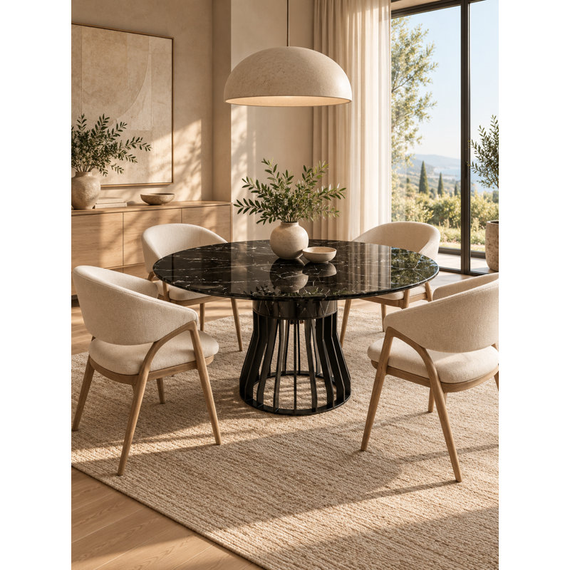 Gina Modern Round Black Dining Table with Marble-Look Top and Sculptural Metal Pedestal Base, Black
