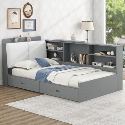 Lit plateforme en bois avec tête de lit avec rangement, tablettes et 2 tiroirs