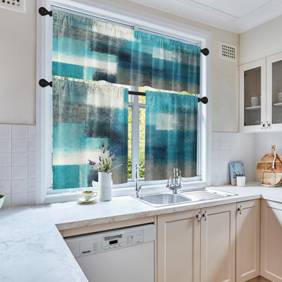 Turquoise Kitchen Window Curtains Valance And Tier Set 36 Inch, Teal Grey Modern Rod Pocket Short Tier Curtain, Abstract Art Small Cafe Drapes For Kitchen Decor