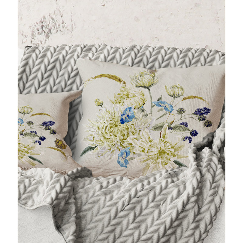 Carré, bouquet rétro avec chrysanthèmes II - coussin décoratif traditionnel, 16" x 16"