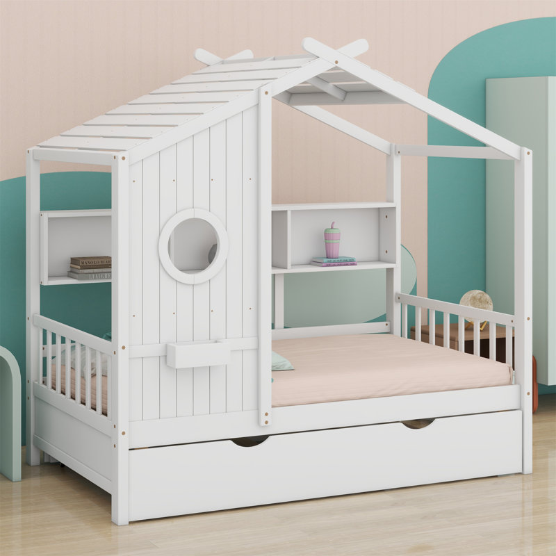 Lit simple en bois avec lit gigogne et tablette de rangement, Blanc