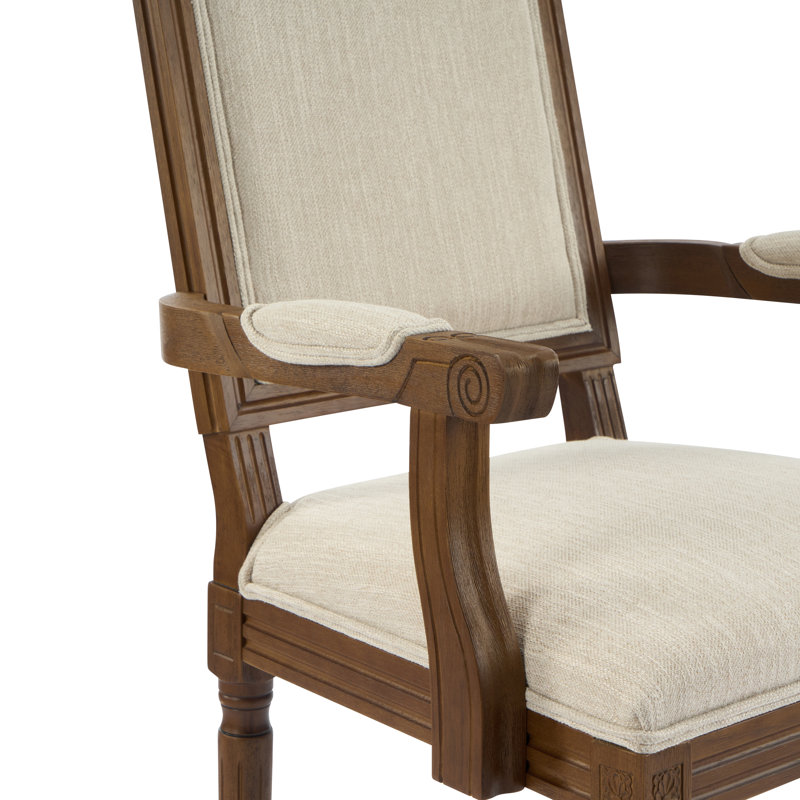 Chaise avec accoudoirs à dossier très grand en bois massif Ethynn, 2, Beige, Cadre noyer
