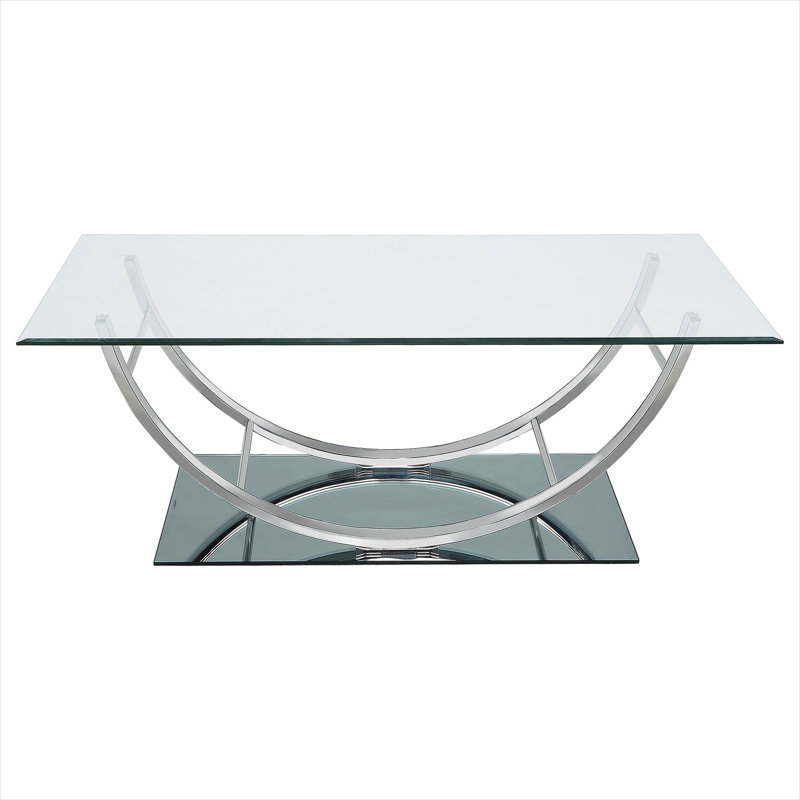 Coffee Table with U-Shaped Glass Top and Silver Finish, 48-Inch Rectangular Modern Metal Design