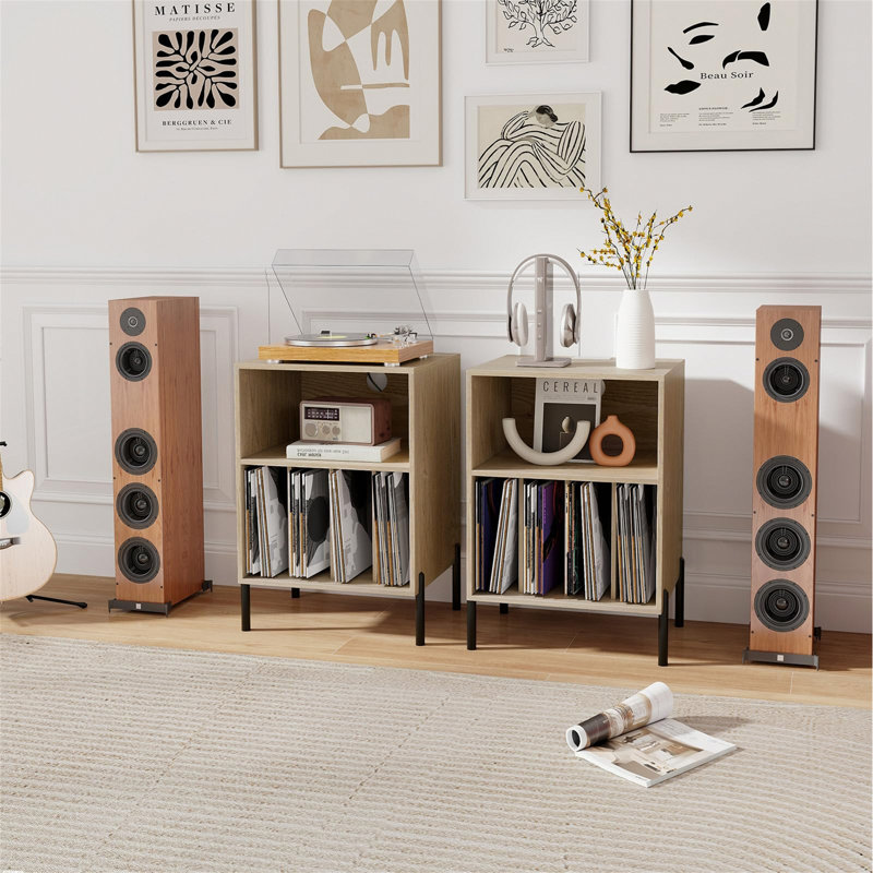 Support pour tourne-disque avec station de charge, peut contenir 150 albums, chêne, Tanné