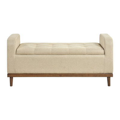 Mid-century Modern Solid Wood Bedroom Storage Bench, Brown Upholstered, Walnut Bench With Lift Top, Textured Fabric, Frame