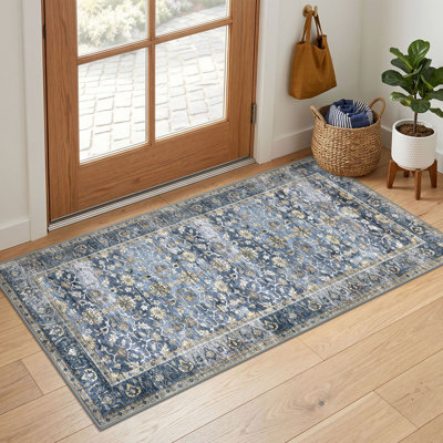 Washable Area Rugs for Living Room Vintage Floral Indoor Rugs with Non-Slip Backing Thin Soft Printed Carpets