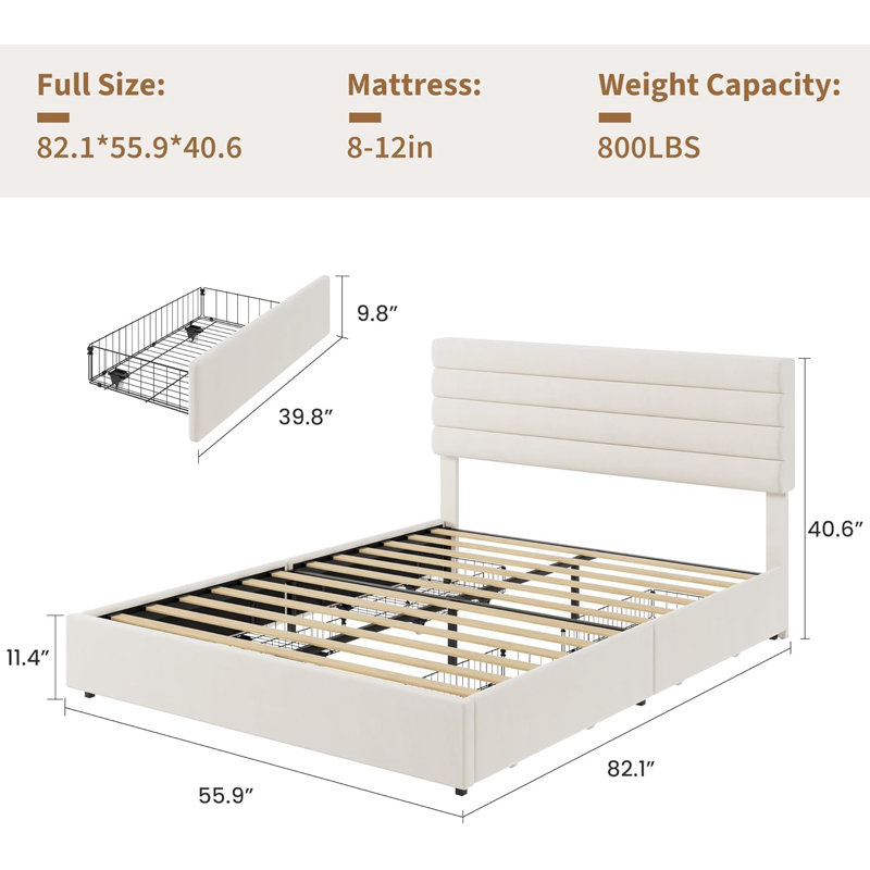 Structure de lit double pleine grandeur avec 4 tiroirs, cadre de lit en velours avec tête de lit, support à lattes de bois, aucun sommier requis, assemblage facile, beige