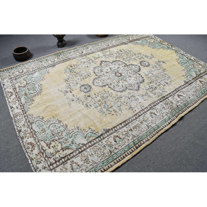 Tapis tribal jaune Oushak fabriqué à la main de style rétro Oushak jaune / vert