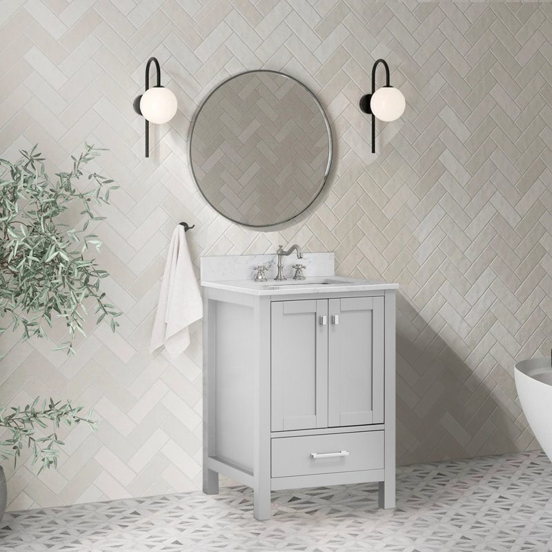 Meuble-lavabo moderne avec lavabo et rangement, Gris / Nickel brossé, 24'