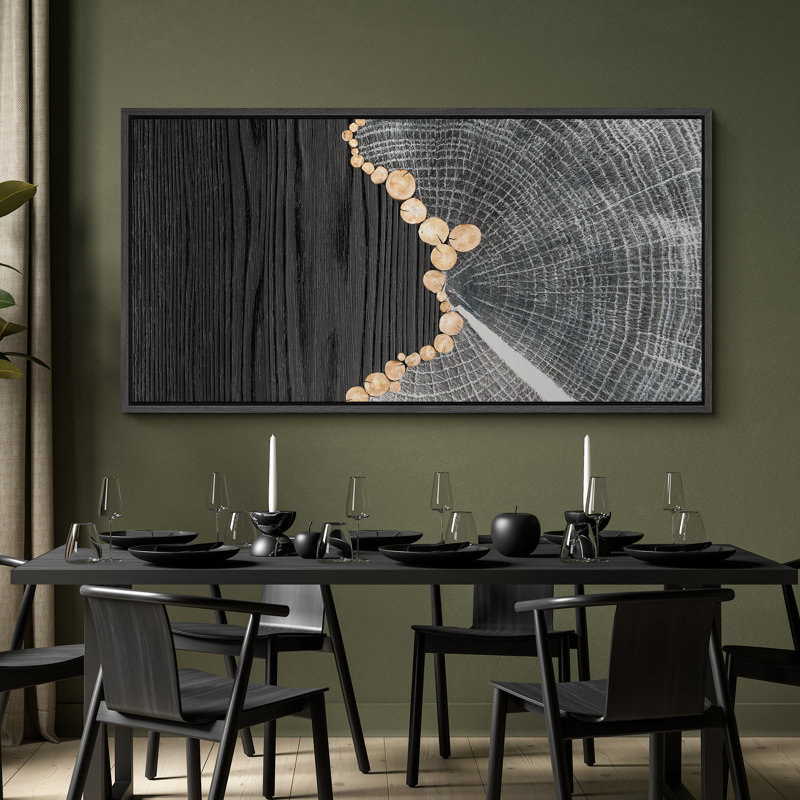 Gray Tree Rings and Wood Grain Effect Modern Pictures Oversized Framed Wall Art Canvas Print, 30" H x 60" W, Black