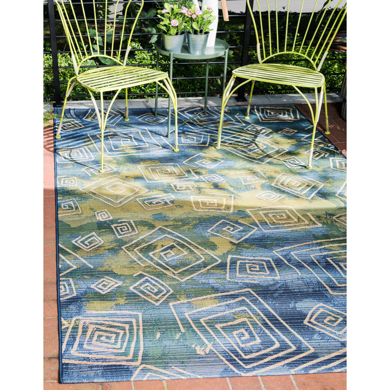 Tapis intérieur / extérieur bleu abstrait Dylan, Rectangle 8 pi x 11 pi 4 po