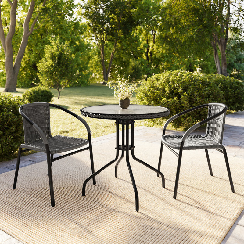 28'' Round Metal Table with Rattan Edging and 2 Rattan Stack Chairs, Gray