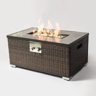 32" Rectangular Propane Gas Fire Pit Table with Ceramic Tile Top & Wicker Base – 50,000 BTU Outdoor Patio Fireplace