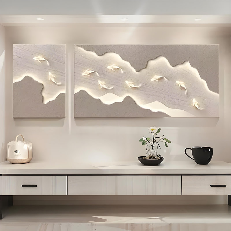 Peinture décorative 19,69 "en grès et neuf poissons, H 27,56 po x l 74,8 po x P 0,79 po