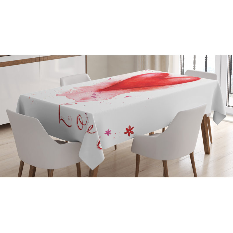 Ambesonne Love Tablecloth, Watercolors Painted Heart Form With Leaking Splash Elements On It Flower Boho Print, Rectangular Table Cover For Dining Room Kitchen Decor, 52" X 70", Red White