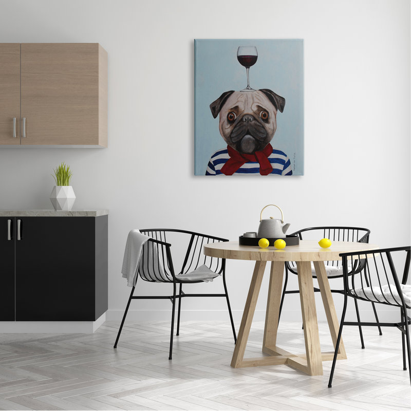 Carlin portant un ensemble de verres à vin Mime par Coco de Paris - Peinture, H 40 po x l 30 po x P 1,5 po, Toile tendue