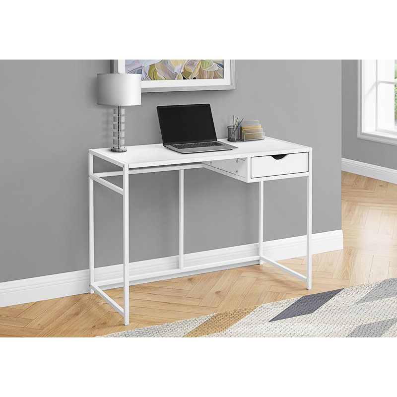 Bureau d'ordinateur moderne avec tiroir de rangement pour bureau à domicile, poste de travail contemporain compact pour ordinateur portable et productivité quotidienne.