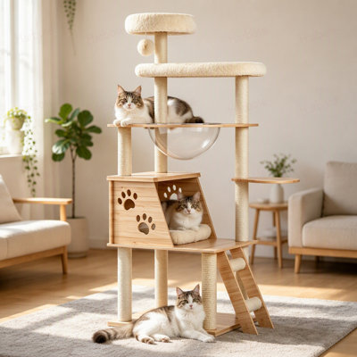Arbre à chat, tour de jeu à plusieurs niveaux avec perchoir capsule transparent, poteaux à griffer en sisal et échelle d'escalade, maison de jeux d'intérieur pour chatons et chats adultes