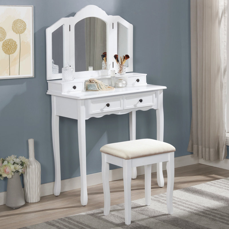 Ensemble coiffeuse et tabouret en bois Sanlo, Blanc